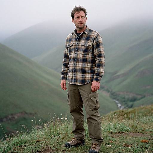 Photograph of a middle-aged man with short dark hair, stubble, wearing a plaid shirt, olive pants, and brown boots, standing on