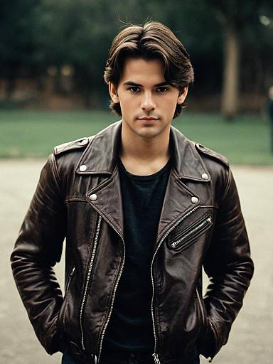 Young Man in Brown Leather Jacket Outdoors