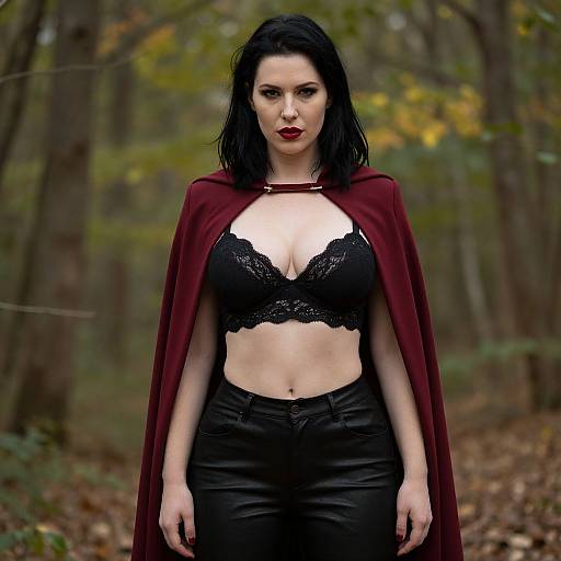 Photograph of a pale-skinned woman with black hair, red lips, wearing a red cape, black lace bra, and black pants, standing in