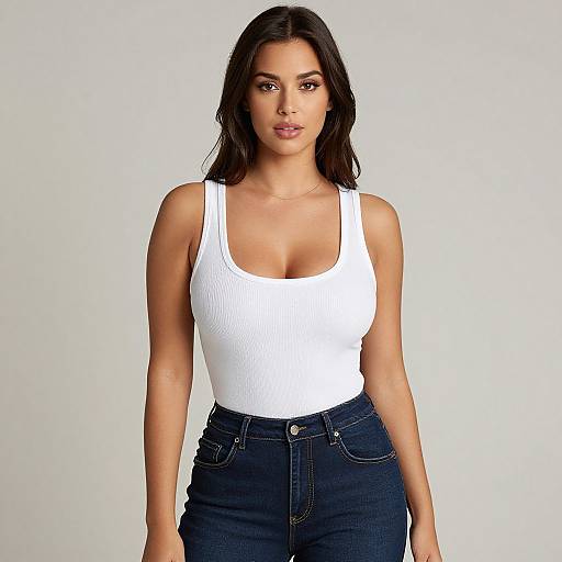 Photograph of a young woman with long dark hair, wearing a white ribbed tank top and high-waisted dark blue jeans, standing against a