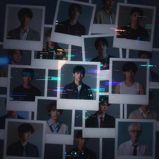 Photograph collage of eleven young men with varied hairstyles and clothing, overlaid with digital light flares, dark background.