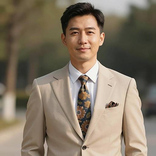 Man in Beige Suit with Floral Tie Outdoors