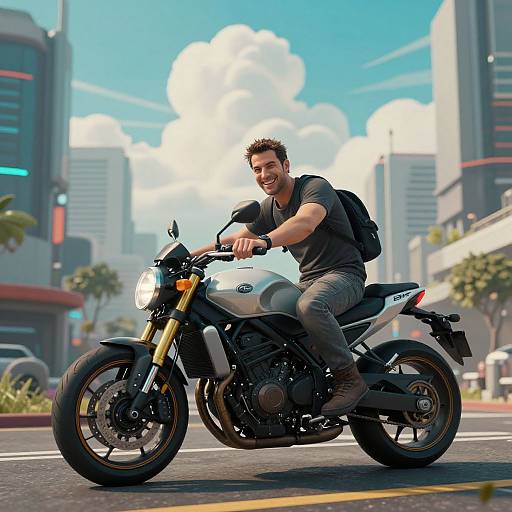 Photorealistic CGI: Smiling, muscular man with short brown hair, wearing black t-shirt, jeans, and backpack, rides white motorcycle through busy