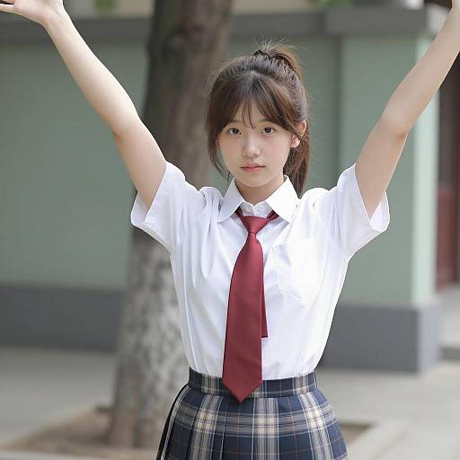 Young Asian Girl in School Uniform Outdoors