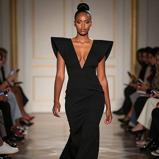 Photograph of a confident Black woman with a high bun, wearing a deep V-neck, black, high-shoulder gown, walking a fashion runway