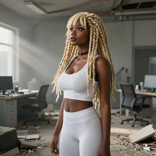 Photorealistic digital image of a tall, dark-skinned Black woman with long blonde dreadlocks, wearing a white crop top and high-waisted