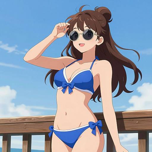 Anime-style digital drawing of a smiling young woman in a blue bikini with bow accents, wearing sunglasses, standing on a wooden deck against a bright blue sky