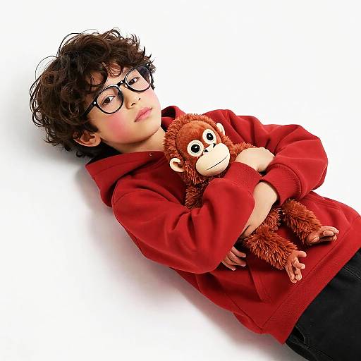 Photograph of a curly-haired boy with glasses, wearing a red hoodie, hugging a brown monkey plush toy against a white background.