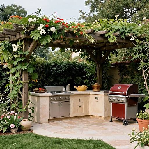 Photograph of a rustic outdoor kitchen under a wooden pergola with climbing plants, red and white flowers, stainless steel appliances, and a red grill,