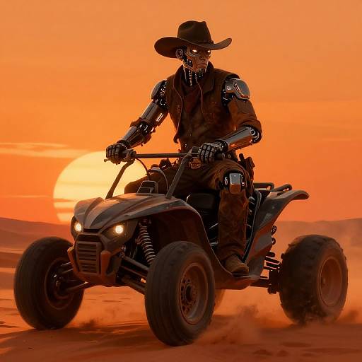 Photorealistic digital artwork of a robotic cowboy in a black hat riding an all-terrain vehicle across a desert at sunset.