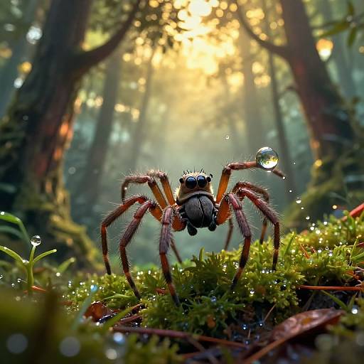 Photorealistic image of a fuzzy spider with dewdrops, centered on mossy forest floor, sun rays filtering through tall trees in background.