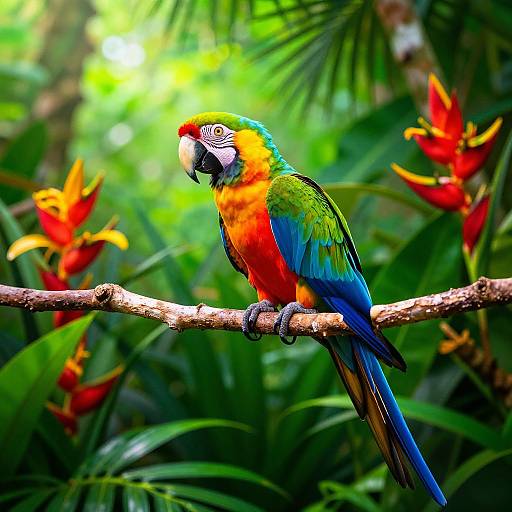 Vibrant photograph of a colorful macaw perched on a branch, surrounded by lush green foliage and bright red heliconia flowers.
