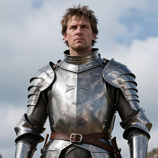 Photograph of a serious-looking, white male knight with messy brown hair, wearing reflective silver armor and a brown belt, standing against a cloudy blue sky