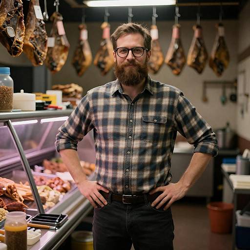 Bearded Man in Dim Butcher Shop