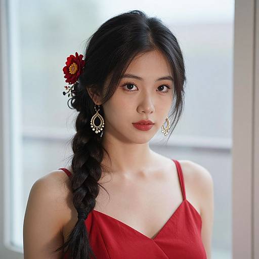 Photograph of an Asian woman with long black hair in a braid, wearing a red dress and floral hairpin, with ornate earrings, standing