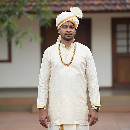 Photograph of a serious-looking South Asian man in white traditional attire, including a turban, long shirt, and beaded necklace, standing in front