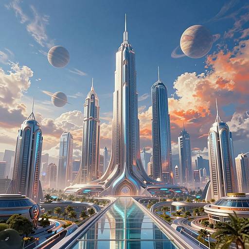 Digital art of a futuristic cityscape with towering skyscrapers, a central spire, and floating planets under a vibrant sky.
