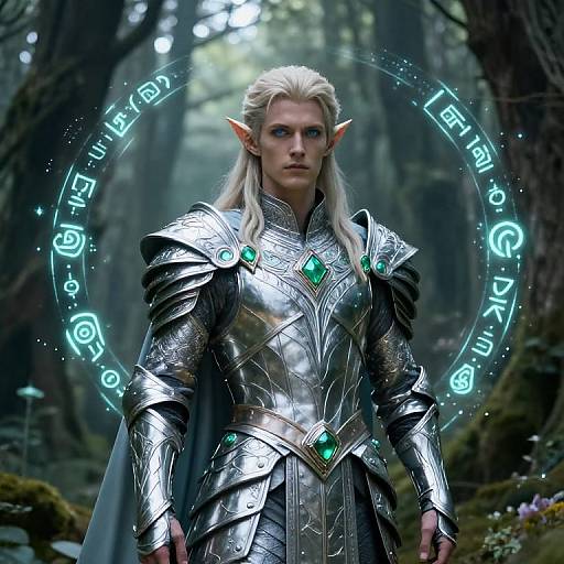 Digital artwork of a stern, blonde, elf warrior with pointed ears, wearing silver armor adorned with green gems, standing in a mystical forest with glowing blue