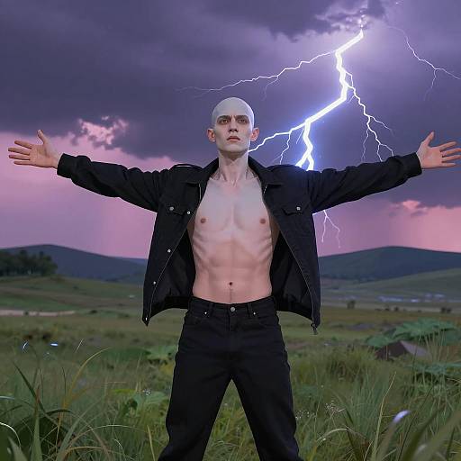 Intense Bald Man in Stormy Field