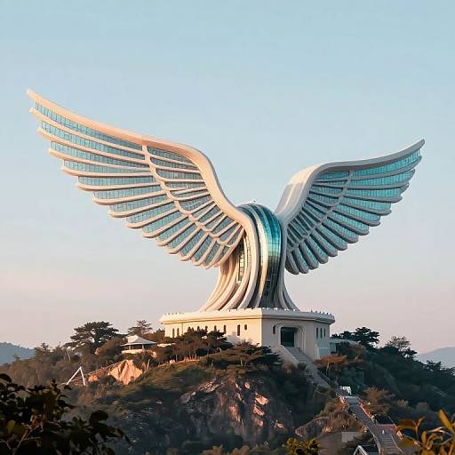 Photograph of a futuristic, glass-winged skyscraper with a cylindrical base, illuminated by sunset, set among trees and hills.