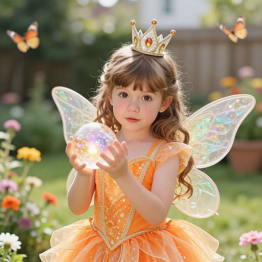 Photograph of a young girl with long brown hair, wearing a golden crown, orange fairy dress, and iridescent wings, holding a glowing orb