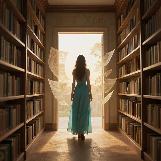 Photograph: Silhouetted woman in blue dress with ethereal paper wings, standing in sunlit library aisle, surrounded by bookshelves.