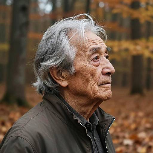Photograph of an elderly man with gray hair, wrinkled face, wearing a black jacket, looking to the right in a forest with autumn leaves.