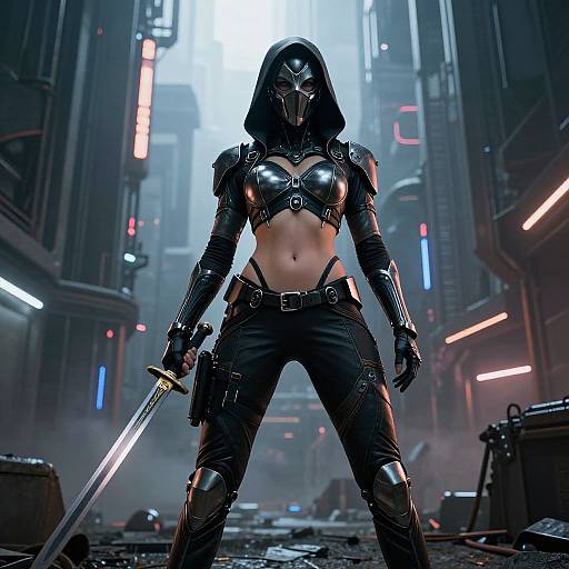 Cyberpunk warrior woman in black armor and hood, holding a sword, stands in a neon-lit, futuristic city alleyway. Digital art.