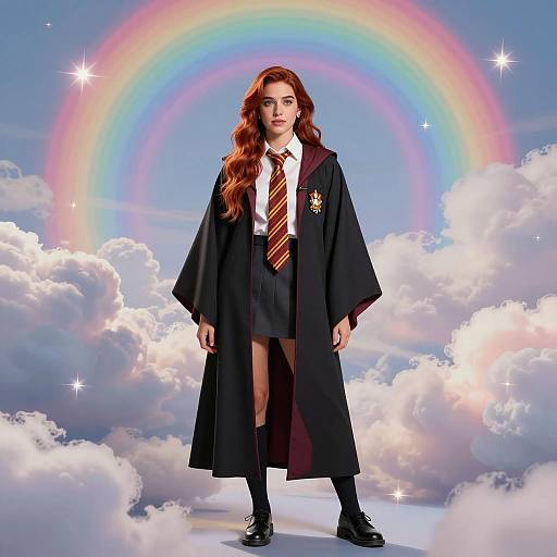 Red-haired Woman in Hogwarts Robes with Rainbow and Clouds