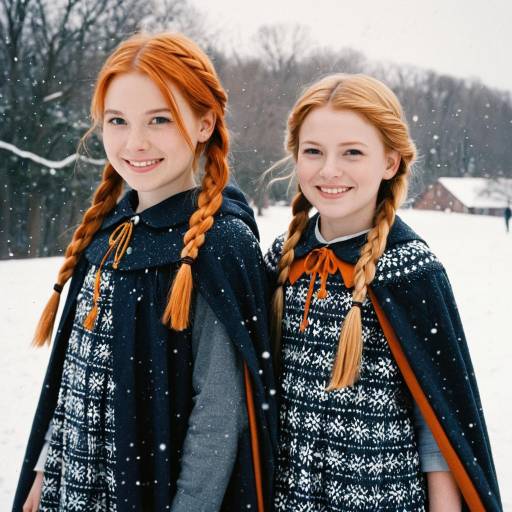 Smiling Girls with Braided Hair in Snowy Winter