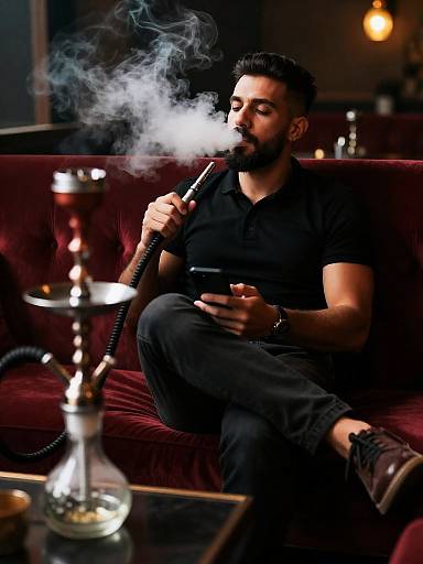 Relaxed Man Smoking Shisha in Lounge