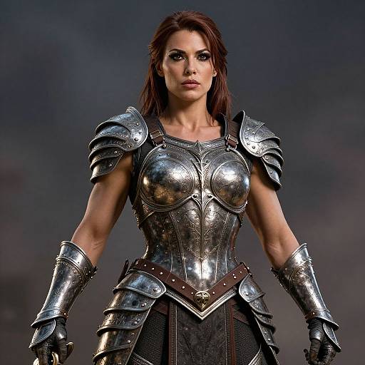 Photorealistic CGI of a muscular woman with brown hair in shiny, detailed medieval silver armor, standing against a dark, cloudy background.