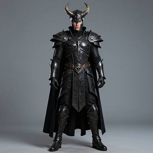 Photograph of a muscular male warrior in black, ornate, medieval armor with large horns, standing confidently against a gray background.