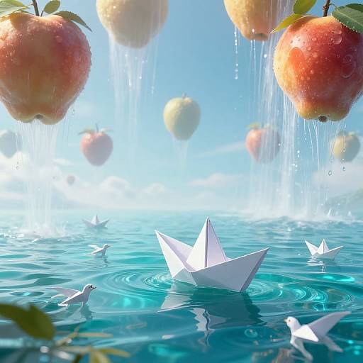 Photograph-like CGI: White paper boats float on shimmering blue water, surrounded by falling, water-dripping apples against a bright sky background.