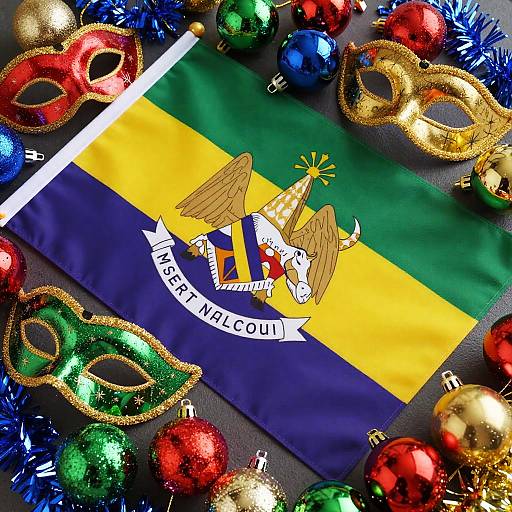 Photograph of Brazil's flag with colorful Christmas decorations: gold and red masks, blue and green tinsel, red and gold ornaments, on a
