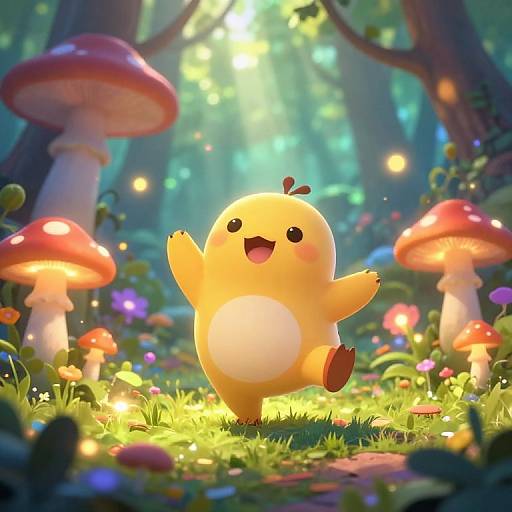 Adorable, yellow, round, cartoonish creature with a white belly, smiling and waving in a vibrant, enchanted forest with glowing mushrooms. Digital art