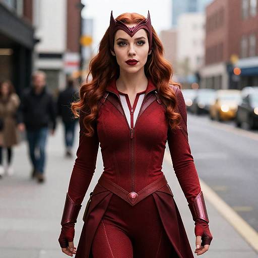 Woman in Scarlet Witch Costume on Street