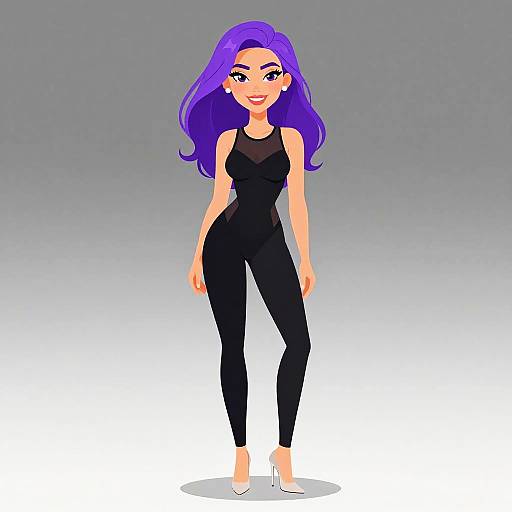 Digital cartoon of a tall, slim woman with long purple hair, wearing a black sleeveless top and black pants, standing on white high heels against a