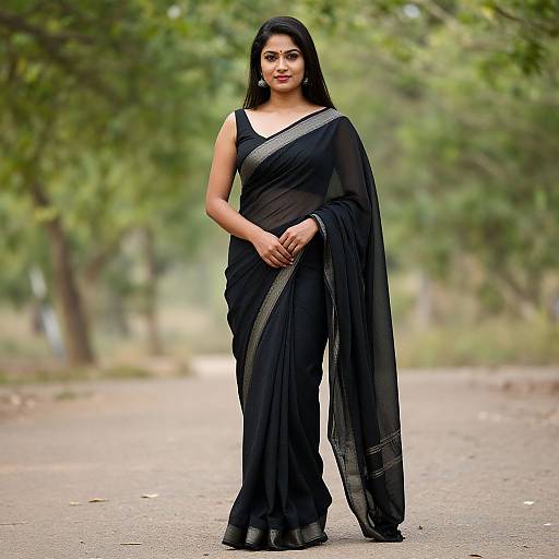 Photograph of a young South Asian woman with long black hair, wearing a black saree with silver stripes, standing confidently on a tree-lined path.
