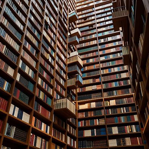 Photograph of a towering, sunlit library with multilevel wooden bookshelves filled with colorful, neatly arranged books, creating a vibrant, vertical