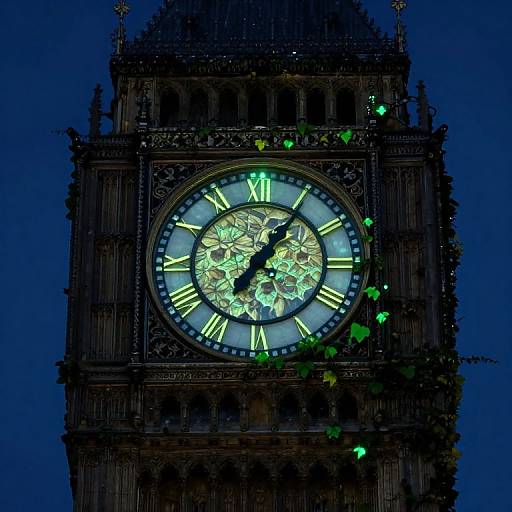 Photograph of Big Ben clock tower at night, illuminated clock face with glowing green and blue numbers, vines with green leaves.
