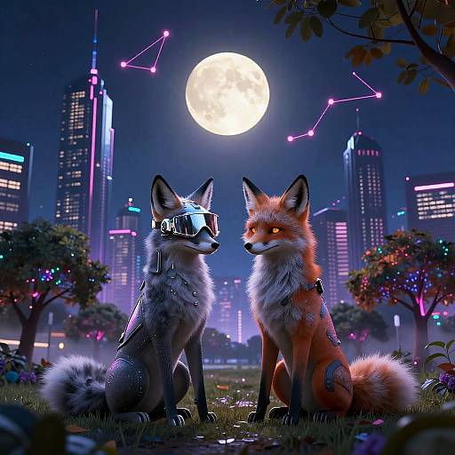 Cyberpunk Foxes in Neon City Park