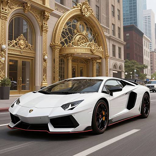 Photograph of a sleek white Lamborghini sports car with black accents and red trim parked in front of an ornate, gold-accented building in