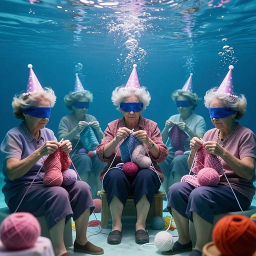 Photograph of five elderly women underwater, wearing party hats and blue blindfolds, knitting colorful yarn, surrounded by bubbles and bright light.