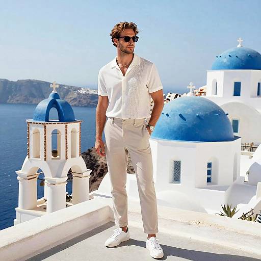 Photograph of a stylish man in white shirt, pants, and sneakers, standing on a Greek island balcony with blue domes and sea backdrop.
