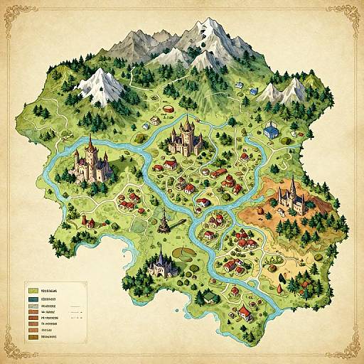 Colorful fantasy map illustration featuring a lush, mountainous terrain with winding rivers, medieval villages, castles, and forests, bordered by snowy peaks.