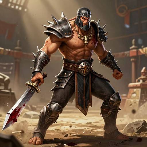 Muscular warrior with spiked armor, black helmet, and bloodied sword stands in a dusty, sunlit arena, ready for battle. Digital art.