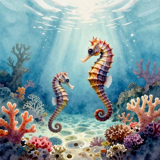 Digital painting of two colorful seahorses swimming in a vibrant, sunlit underwater coral reef with various corals and sunlight rays.
