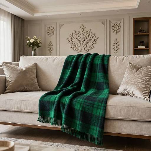 Photograph of a luxurious living room featuring a beige sofa with two patterned pillows, draped with a green plaid blanket, set against ornate white