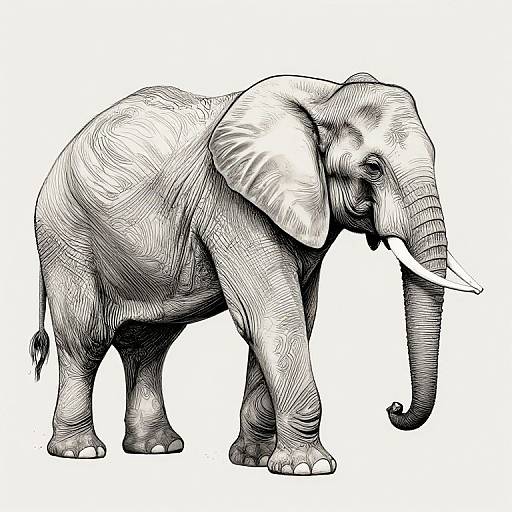 Black and white ink drawing of a standing elephant with detailed texture, large ears, and visible wrinkles, against a white background.